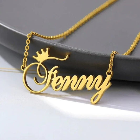 18K Gold Plated Personalized Name Crown Necklace, Customized Name Necklace Handcrafted Jewelry Custom Nameplate Pendant Gift For Mom, Wife