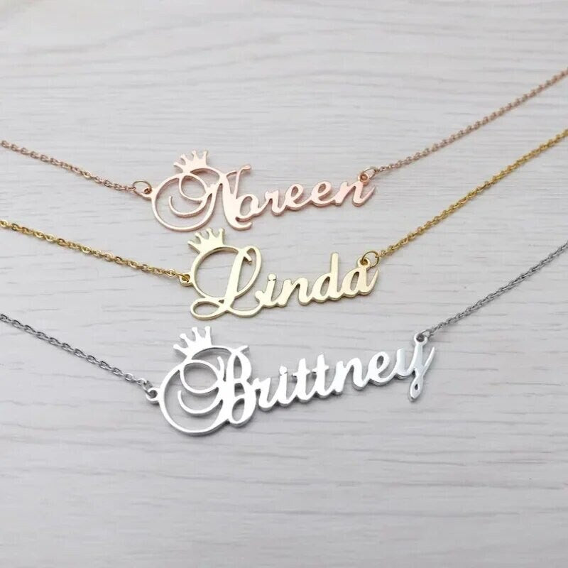 18K Gold Plated Personalized Name Crown Necklace, Customized Name Necklace Handcrafted Jewelry Custom Nameplate Pendant Gift For Mom, Wife