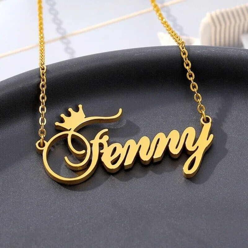 18K Gold Plated Personalized Name Crown Necklace, Customized Name Necklace Handcrafted Jewelry Custom Nameplate Pendant Gift For Mom, Wife