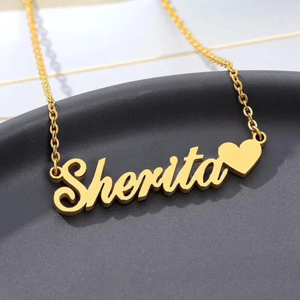 18K Gold Plated Personalized Name Heart Necklace Customized Name Necklace Handcrafted Jewelry Custom Nameplate Pendant Gift For Mom, Wife