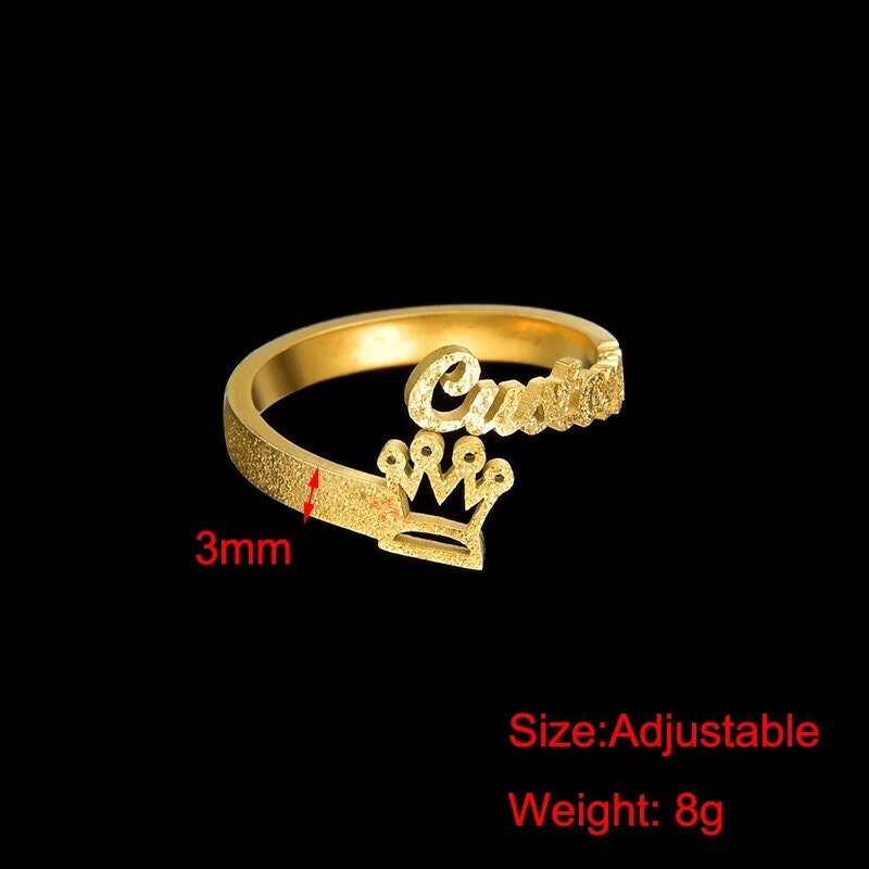 18K Gold Plated Personalized Ring Name Engrave Minimalist Jewelry Crown, Customizable Finger Ring, Customized Nameplate Handcrafted Jewelry