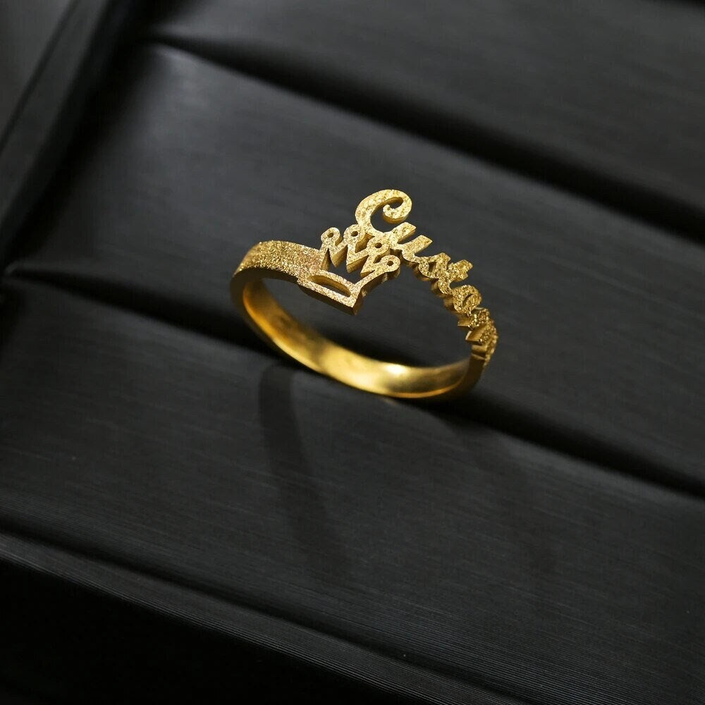 18K Gold Plated Personalized Ring Name Engrave Minimalist Frosted Crown Customizable Finger Ring Customized Nameplate Handcrafted Jewelry