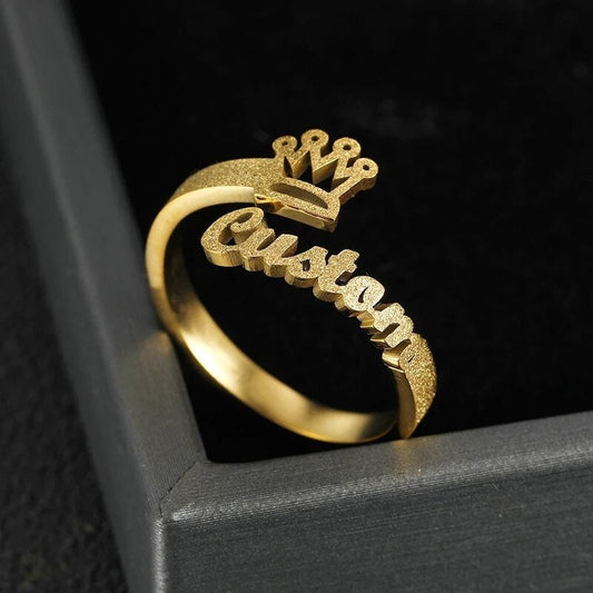 18K Gold Plated Personalized Ring Name Engrave Minimalist Jewelry Crown, Customizable Finger Ring, Customized Nameplate Handcrafted Jewelry