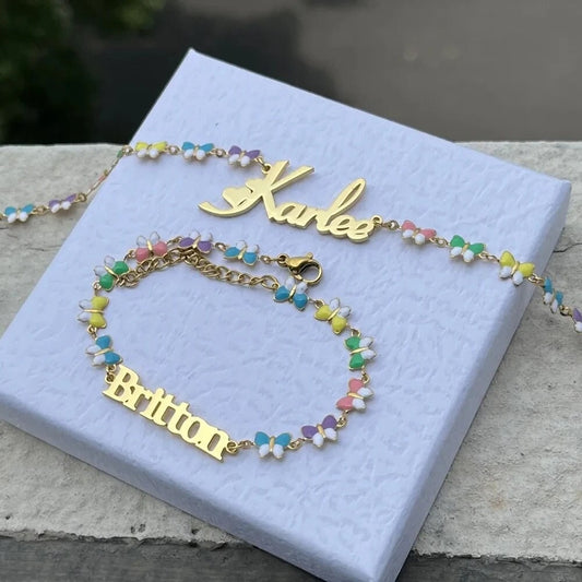 18K Gold Plated Personalized Jewelry Necklace & Bracelet Set Colorful Butterfly Name Handcrafted Customized Jewelry Gifts, Gift For Children