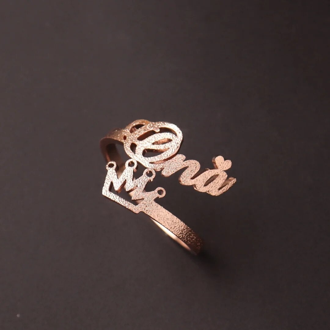 18K Gold Plated Personalized Ring Name Engrave Minimalist Frosted Crown Customizable Finger Ring Customized Nameplate Handcrafted Jewelry