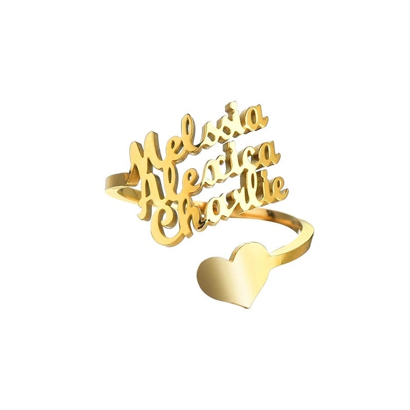 18K Gold Plated Personalized Ring Name Engrave Heart Customizable Finger Ring Customized Nameplate Adjustable Handcrafted Jewelry Gift