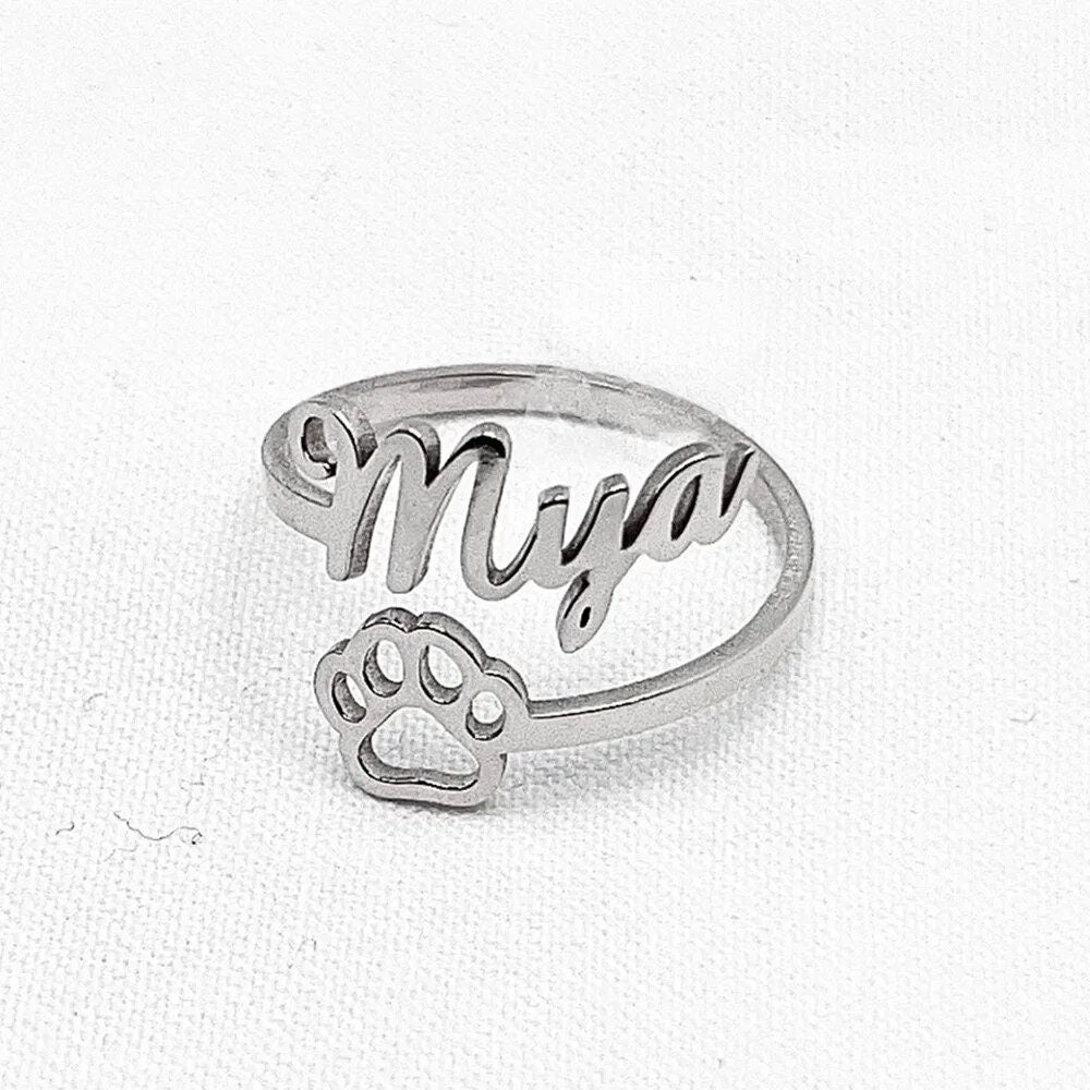 18K Gold Plated Personalized Ring Name Engrave Pet Paw Customizable Finger Ring Customized Nameplate Band Handcrafted Custom Jewelry Gift