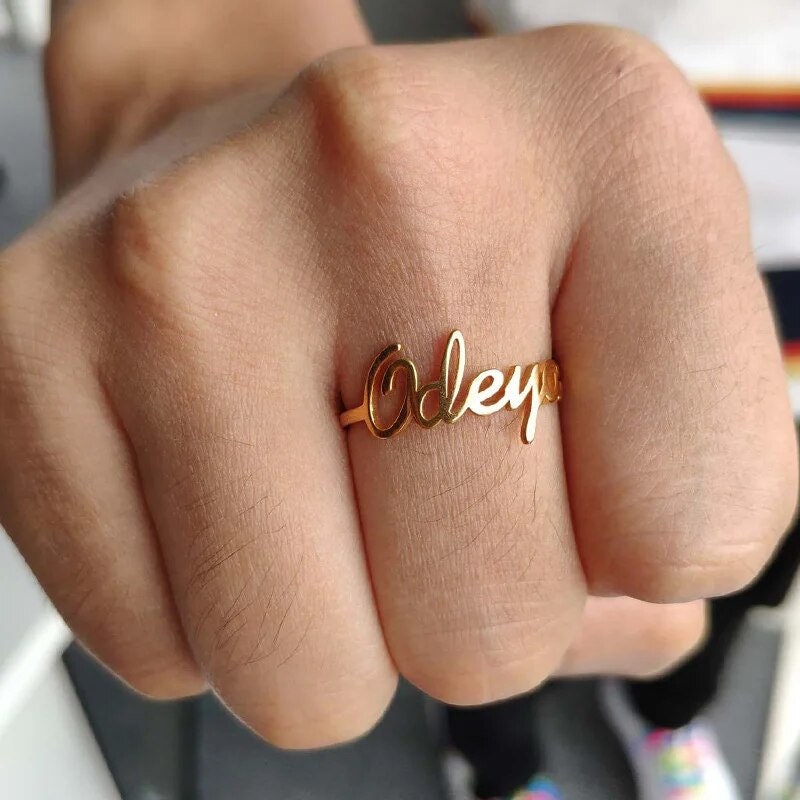 18K Gold Plated Personalized Name Ring Engrave Customized Minimalist Nameplate Ring Custom Promise Ring Adjustable Open Ring Jewelry Gift