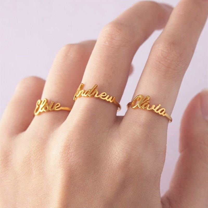 18K Gold Plated Personalized Name Ring Engrave Customized Minimalist Nameplate Ring Custom Promise Ring Adjustable Open Ring Jewelry Gift