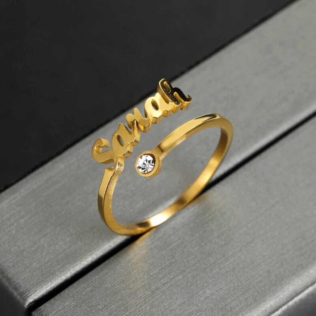 18K Gold Plated Personalized Ring Name Engrave Birthstone Customizable Finger Ring Customized Nameplate Band Handcrafted Custom Jewelry Gift