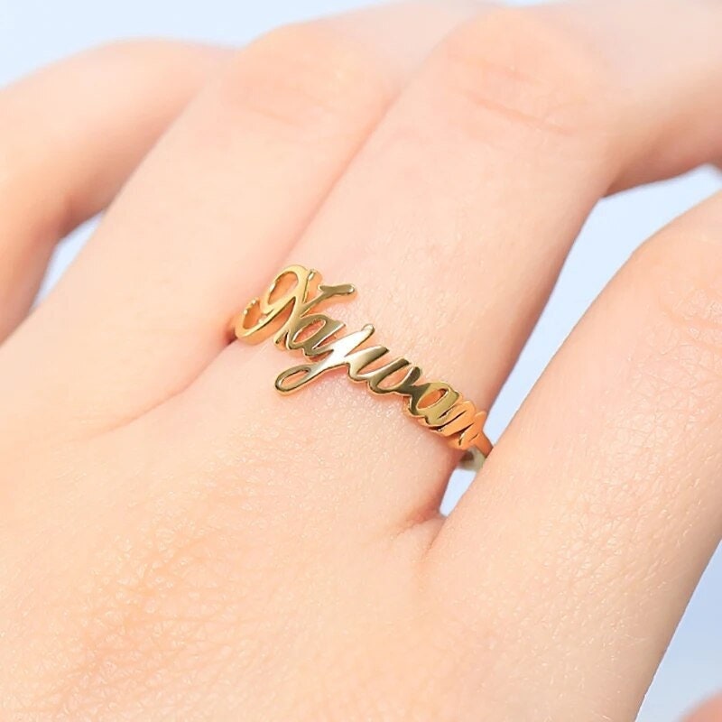 18K Gold Plated Personalized Ring Name Engrave Initial Letter Minimalist Ring, Customized Nameplate Couple's Ring Band, Custom Jewelry Gift