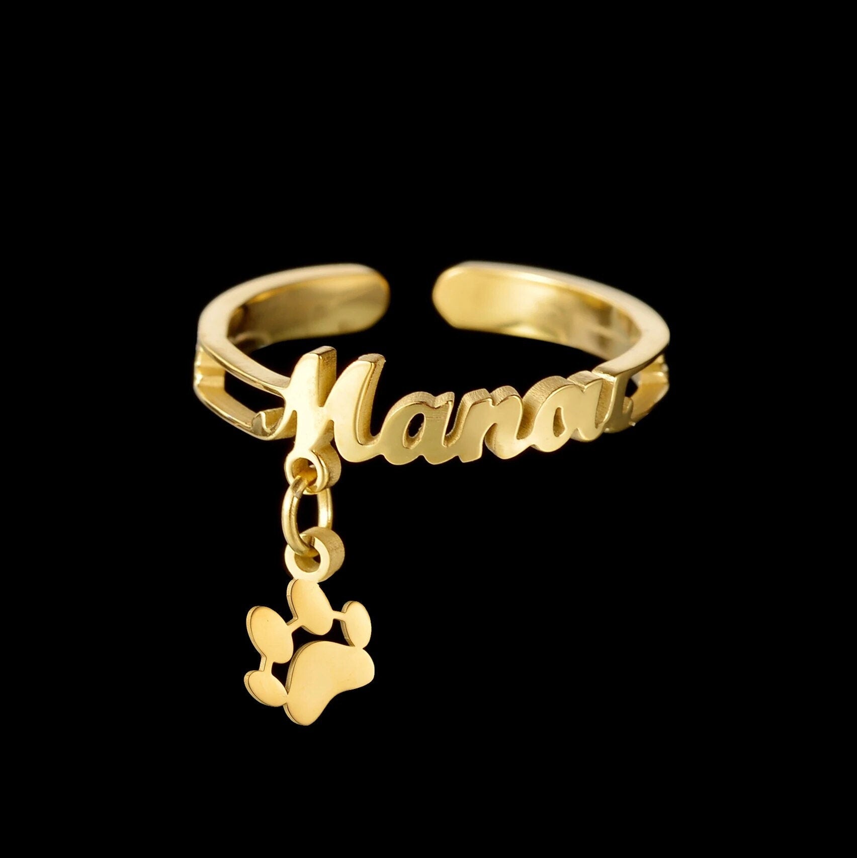 18K Gold Plated Personalized Ring Name Engrave Initial Minimalist Ring, Hanging Charm, Customized Nameplate Adjustable Ring, Custom Jewelry