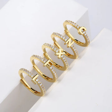 18K Gold Plated Personalized Zircon Initial Letter A-Z Ring Custom Jewelry Ring Engrave Minimalist Ring Customized Adjustable Open Ring Gift