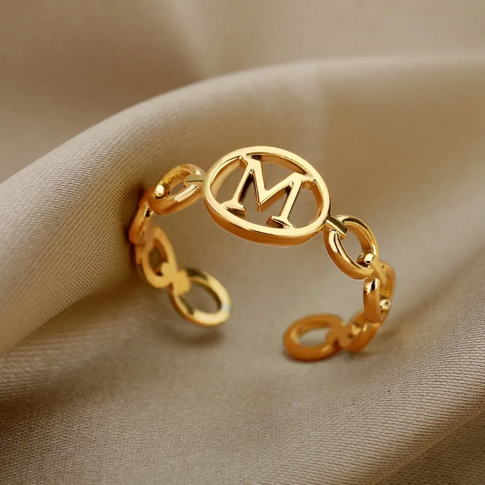 18K Gold Plated Personalized Hollow A-Z Initial Letter Ring, Minimalist Aesthetic Ring Customized Cuban Link Adjustable, Custom Jewelry Gift