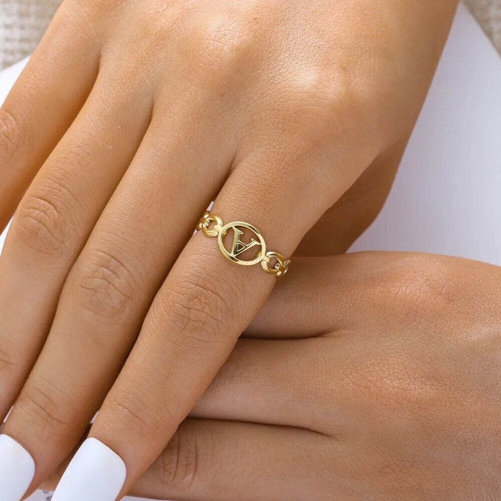 18K Gold Plated Personalized Hollow A-Z Initial Letter Ring, Minimalist Aesthetic Ring Customized Cuban Link Adjustable, Custom Jewelry Gift