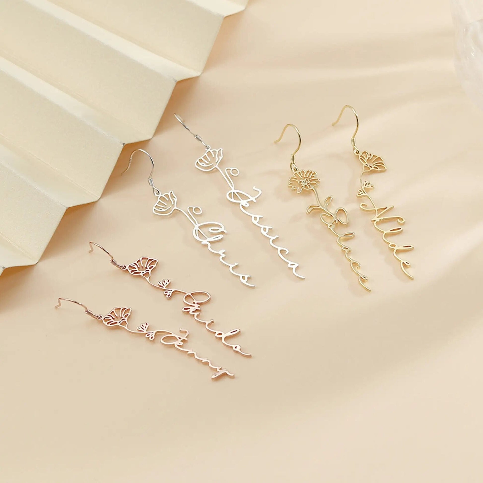 18K Gold Plated Custom Name Earrings Birth Month Flower Vertical Earrings, Customized Name Jewelry, Personalized Minimalist Handmade Jewelry