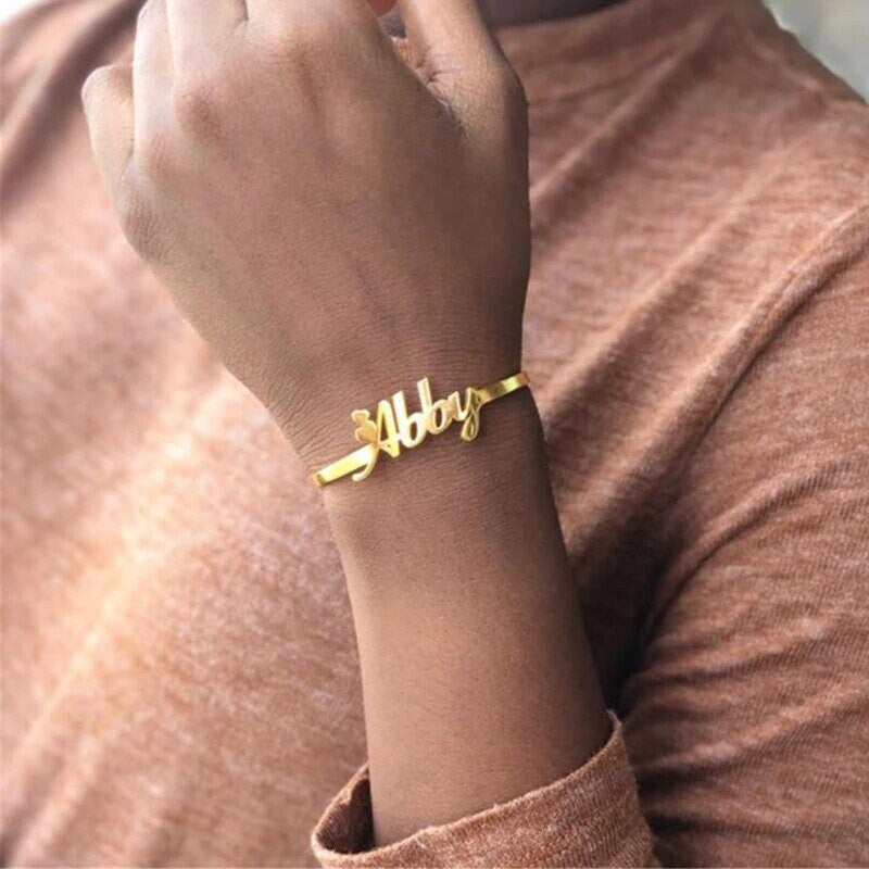 18K Gold Plated Personalized Name Bangle Bracelet Heart, Custom Nameplate Jewelry, Custom Jewelry Bangle Jewelry, Wrist Jewelry Gift For Her