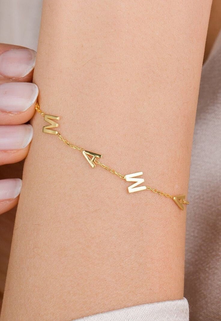 18K Gold Plated Personalized Name Initial Letter Bracelet, Customized Tiny Letter Bracelet Handcrafted Custom Jewelry, Nameplate Bangle Gift