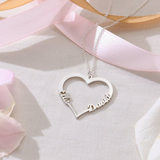 18K Gold Plated Customized Two Name Heart Name Necklace, Personalized Engraved Heart Pendant Custom Name Necklace, Customized Jewelry Gift