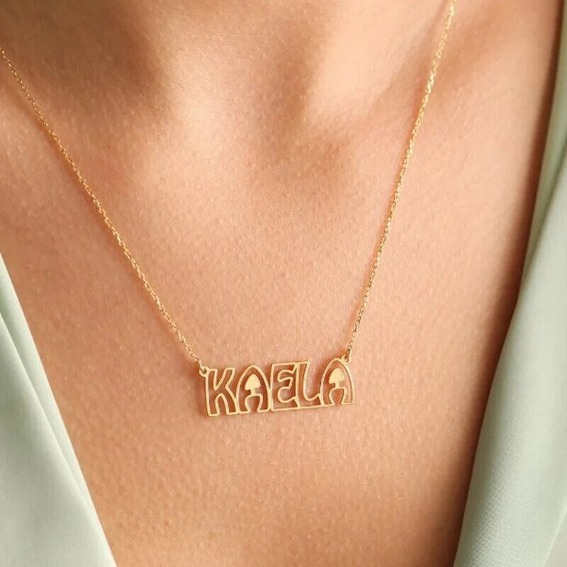 18K Gold Plated Personalized Hollow Letter Name Necklace, Custom Jewelry, Bubble 3D Font, Handmade Customized Jewelry Necklace, Gift for Her