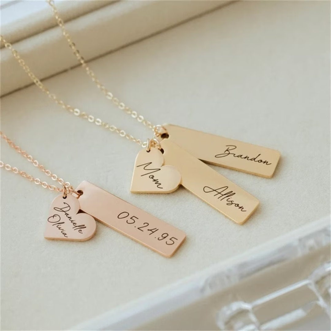 18K Gold Plated Personalized Jewelry Name Necklace Heart With Tag Bar Customized Family Name Necklace, Multiple Kids Names Custom Jewelry