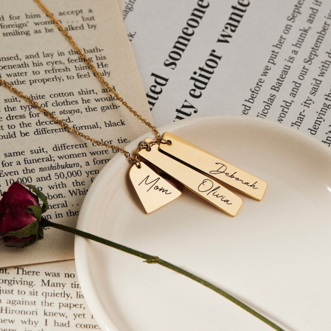 18K Gold Plated Personalized Jewelry Name Necklace Heart With Tag Bar Customized Family Name Necklace, Multiple Kids Names Custom Jewelry