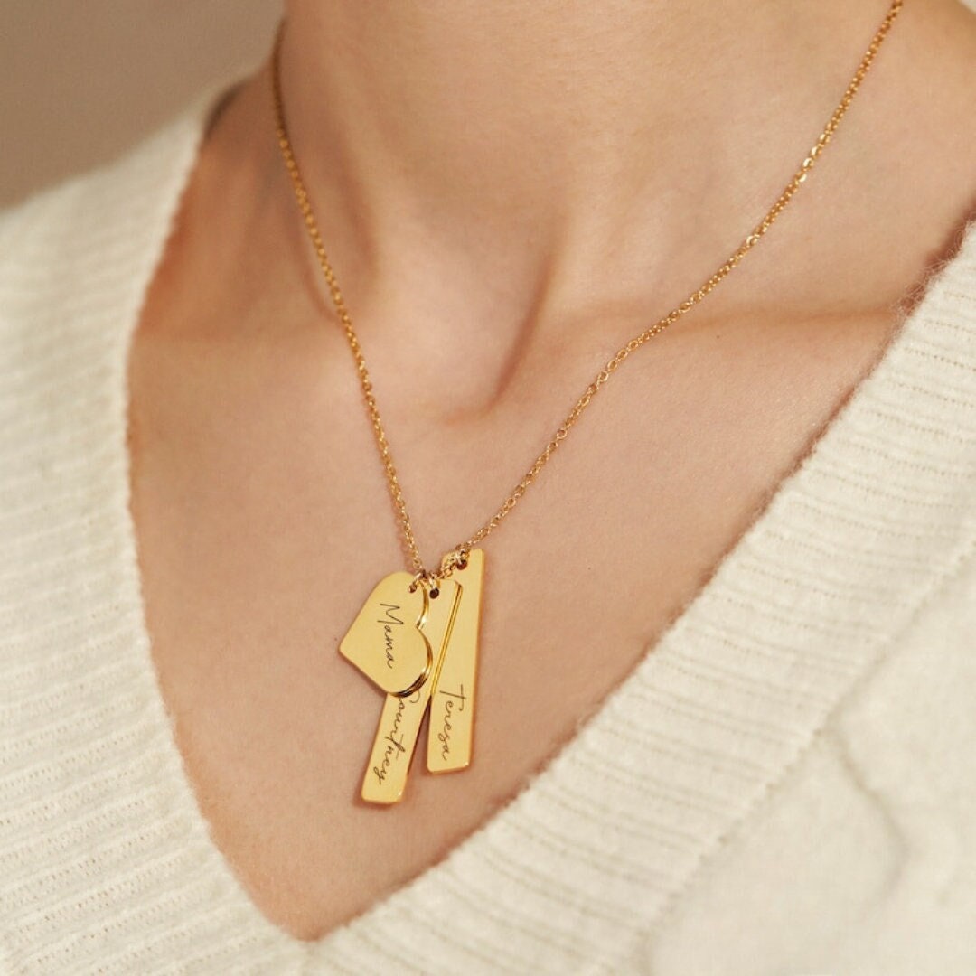 18K Gold Plated Personalized Jewelry Name Necklace Heart With Tag Bar Customized Family Name Necklace, Multiple Kids Names Custom Jewelry