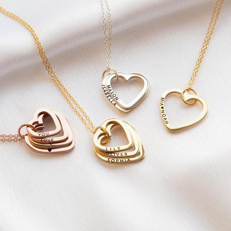 18K Gold Plated Personalized 1-4 Heart Family Name Necklace Customized Interlocking Linked, Custom Jewelry Engraved Kid Name Pendant Jewelry