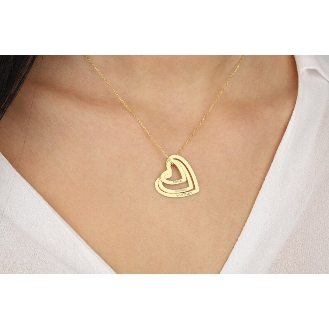 18K Gold Plated Personalized 1-4 Heart Family Name Necklace Customized Interlocking Linked, Custom Jewelry Engraved Kid Name Pendant Jewelry