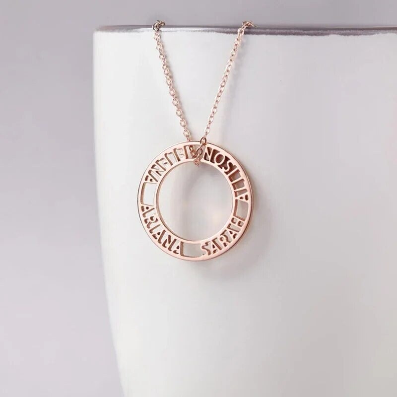 18K Gold Plated Personalized Hollow Round Name Necklace Customized Jewelry Engraved 2-4 Name Pendant Handcrafted Jewelry Unique Gift For Mom