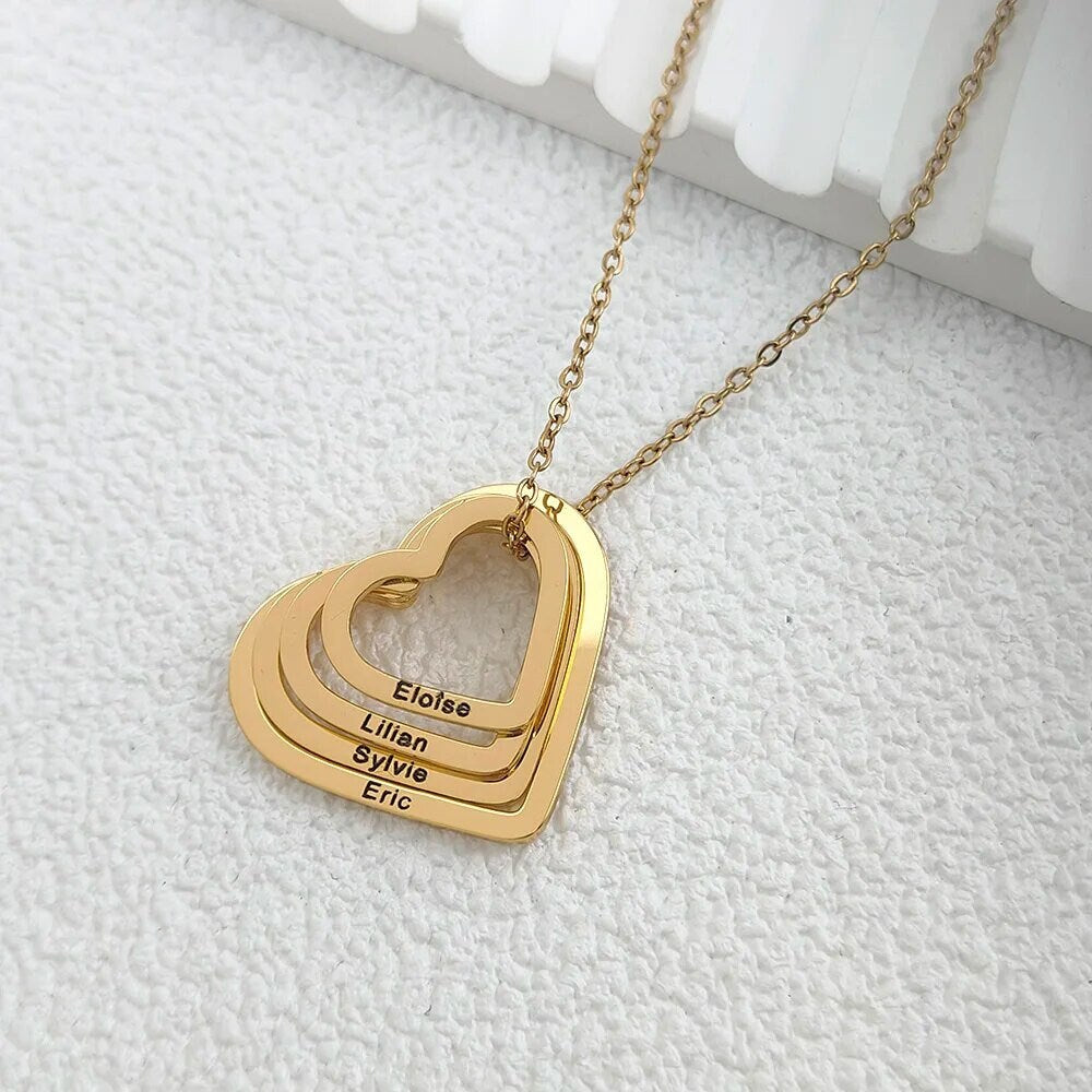 18K Gold Plated Personalized 1-4 Heart Family Name Necklace Customized Interlocking Linked, Custom Jewelry Engraved Kid Name Pendant Jewelry