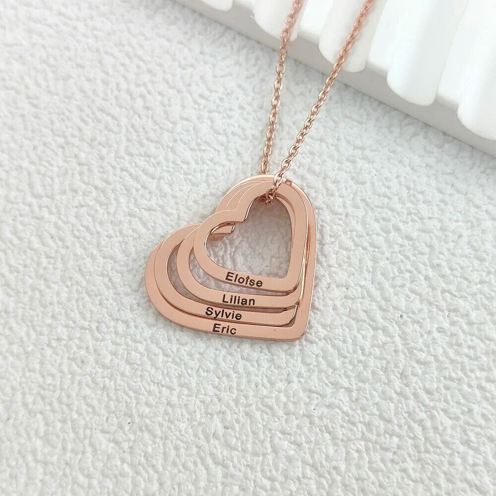 18K Gold Plated Personalized 1-4 Heart Family Name Necklace Customized Interlocking Linked, Custom Jewelry Engraved Kid Name Pendant Jewelry