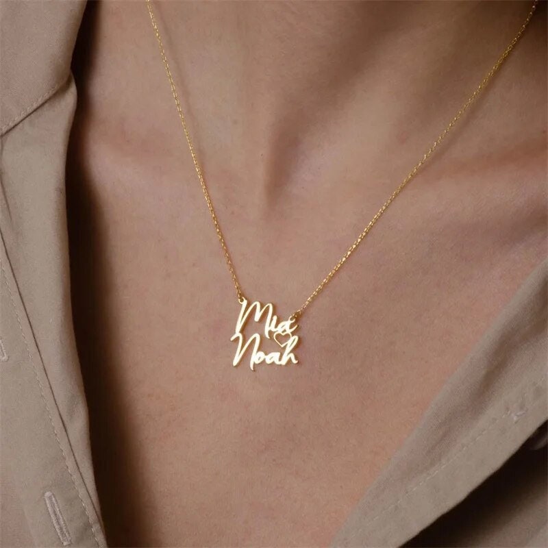 18K Gold Plated Personalized Two Name Necklace, Customized Name Necklace Handcrafted Custom Jewelry Nameplate Pendant Gifts For Mom, For Her