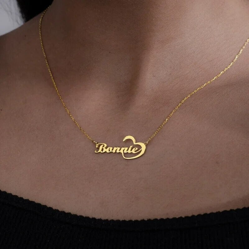 18K Gold Plated Personalized Name Heart Necklace Customized Name Necklace Handcrafted Custom Jewelry Nameplate Pendant Gifts For Mom For Her