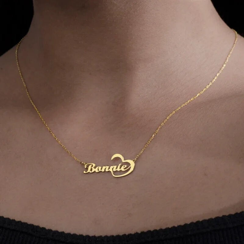 18K Gold Plated Personalized Name Heart Necklace Customized Name Necklace Handcrafted Custom Jewelry Nameplate Pendant Gifts For Mom For Her