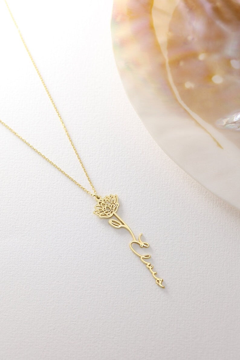 18K Gold Plated Custom Name Necklace Birth Month Flower Vertical Necklace, Customized Name Jewelry Personalized Minimalist Handmade Jewelry