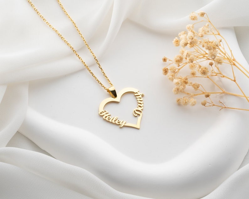 18K Gold Plated Customized Two Hallow Heart Name Necklace, Personalized Engraved Heart Pendant Custom Name Necklace, Customized Jewelry Gift