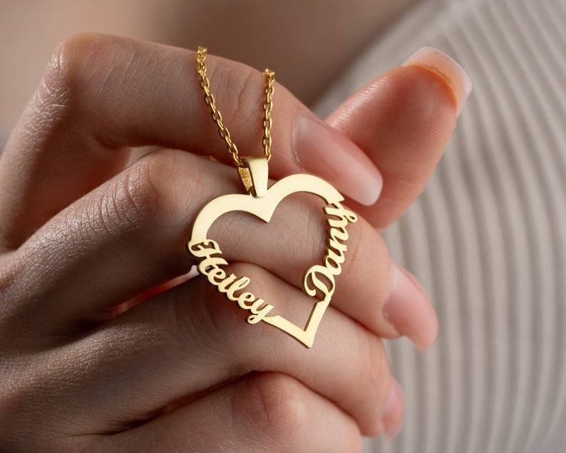 18K Gold Plated Customized Two Hallow Heart Name Necklace, Personalized Engraved Heart Pendant Custom Name Necklace, Customized Jewelry Gift