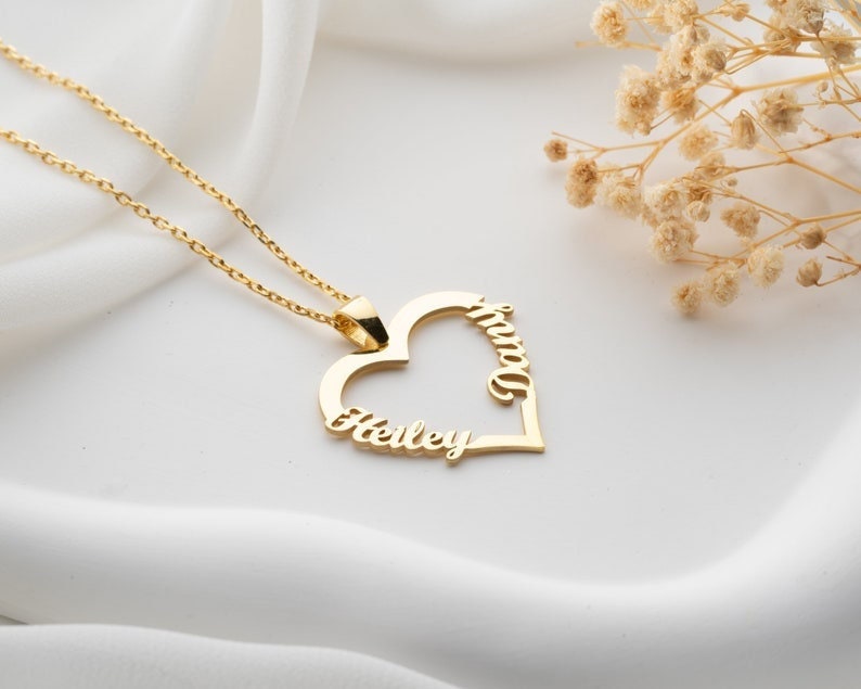 18K Gold Plated Customized Two Hallow Heart Name Necklace, Personalized Engraved Heart Pendant Custom Name Necklace, Customized Jewelry Gift