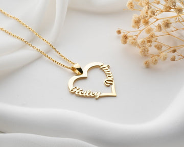 18K Gold Plated Customized Two Hallow Heart Name Necklace, Personalized Engraved Heart Pendant Custom Name Necklace, Customized Jewelry Gift