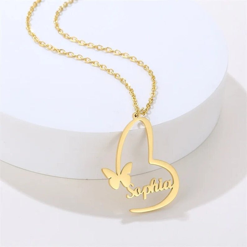 18K Gold Plated Customized Two Hallow Heart Name Necklace, Personalized Engraved Heart Pendant Custom Name Necklace, Customized Jewelry Gift