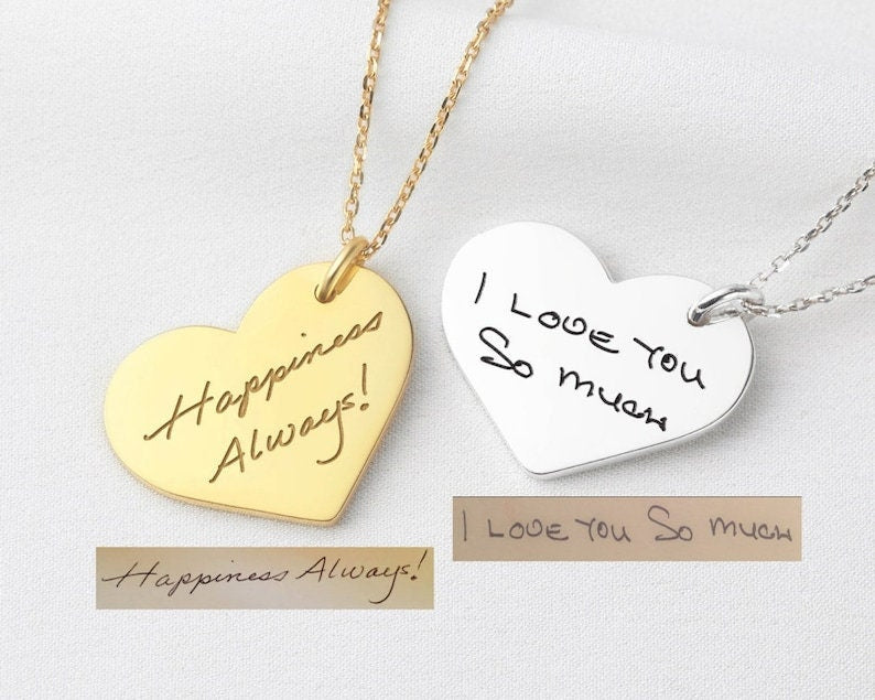 18K Gold Plated Actual Handwriting Heart Necklace Personalized Signature Remembrance Jewelry Customized Engraved Jewelry, Handmade Jewelry