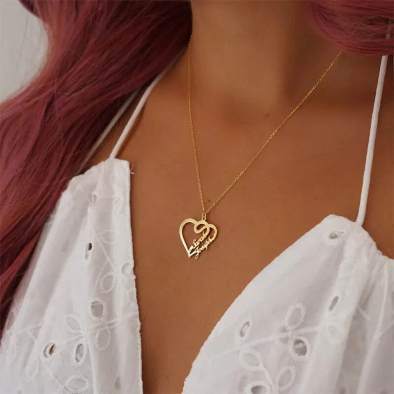 18K Gold Plated Customized Two Hallow Heart Name Necklace, Personalized Engraved Heart Pendant Custom Name Necklace, Customized Jewelry Gift