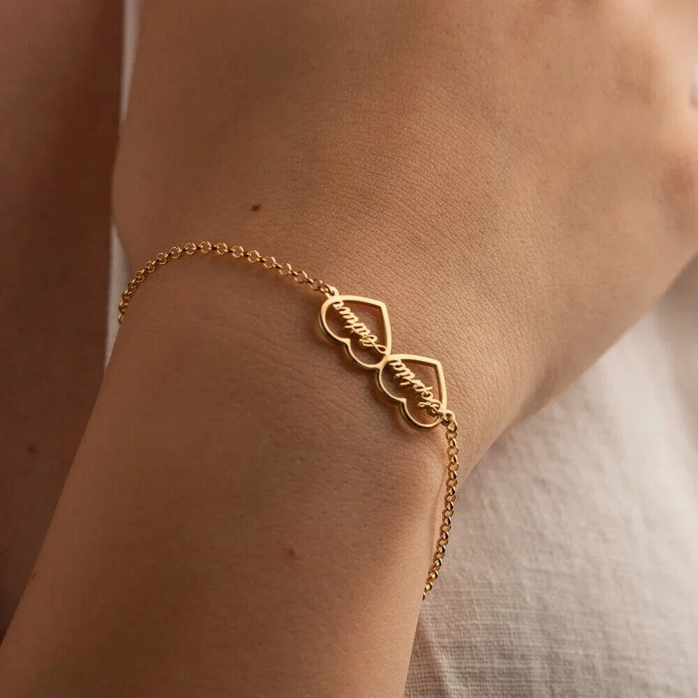 18K Gold Plated Customized Two Hallow Heart Name Bracelet, Personalized Engraved Heart Bracelet, Custom Name Jewelry, Custom Jewelry Gift