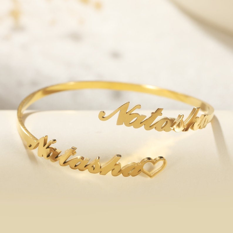 18K Gold Plated Two Name Bangle Bracelet Personalized Name Personalized Cuff Bracelet Customized Jewelry, Custom Name Bracelet Gift For Her