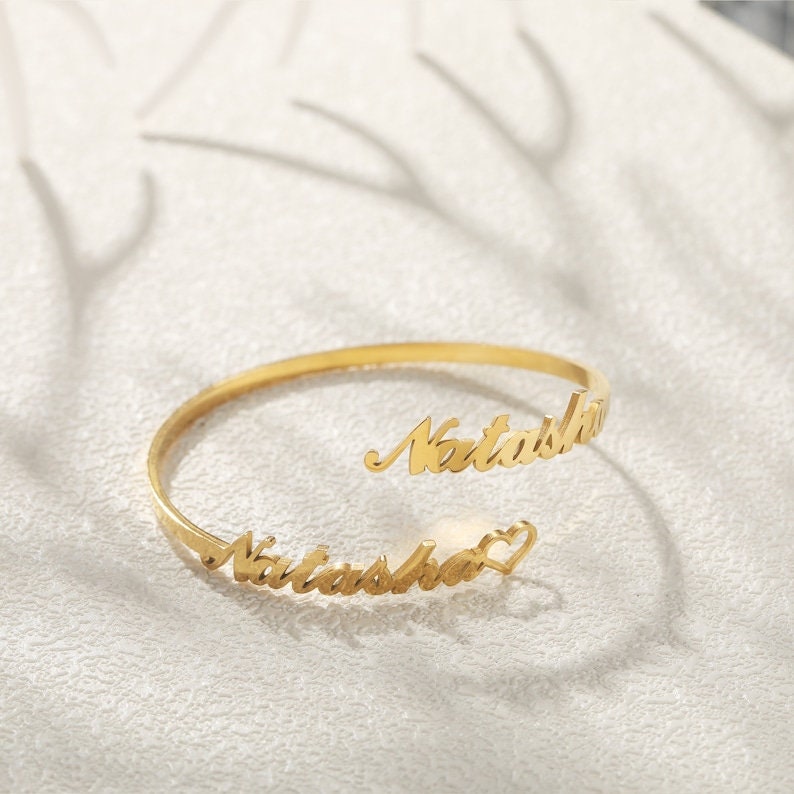 18K Gold Plated Two Name Bangle Bracelet Personalized Name Personalized Cuff Bracelet Customized Jewelry, Custom Name Bracelet Gift For Her