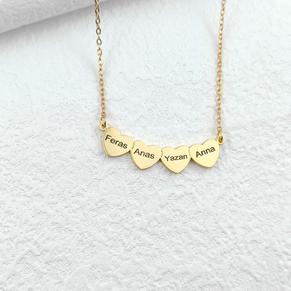 18K Gold Plated Personalized Multiple Heart Family Name Necklace Customized Heart Pendant Gift For Mom Engraved Kids Names Pendant Jewelry