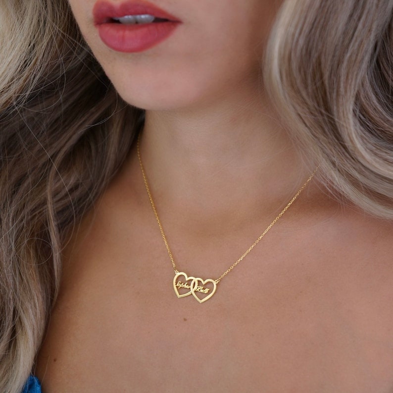 18K Gold Plated Customized Two Hallow Heart Name Necklace, Personalized Engraved Heart Pendant Custom Name Necklace, Customized Jewelry Gift