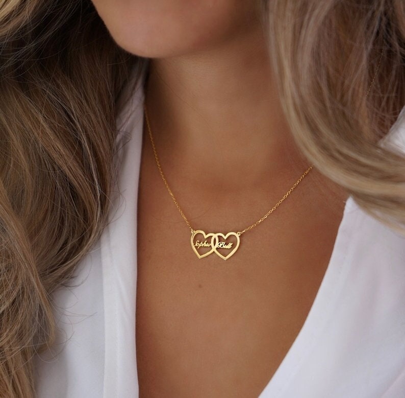 18K Gold Plated Customized Two Hallow Heart Name Necklace, Personalized Engraved Heart Pendant Custom Name Necklace, Customized Jewelry Gift