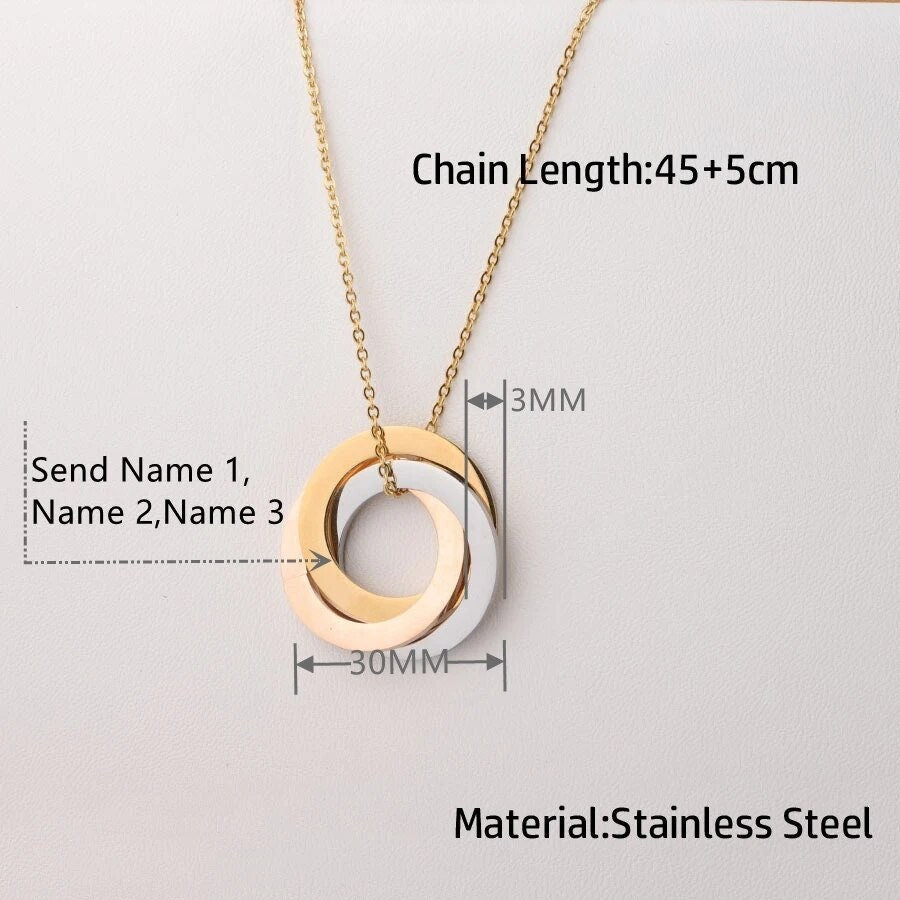 18K Gold Plated Three Linked Interlocking Circle Name Necklace Personalized Engraved Children Name Necklace, Customized Jewelry Pendant Gift